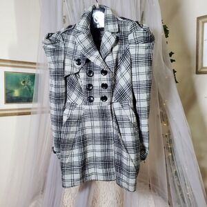 Chime Twee Plaid Double Breasted Pea Coat Jacket Check Fitted Size M Mid Length